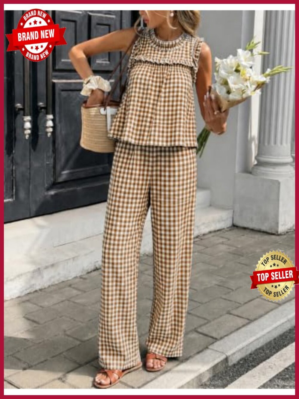 Women's 2 Piece Plaid Sets Sleeveless Peplum Top Wide Leg Pants Matching Lounge - Picture 4 of 5